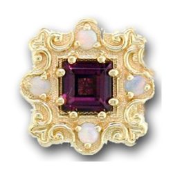 N632 14K SQ GR RHODOLITE & OPAL SLIDE WITH FLEUR DE LIS DETAIL 